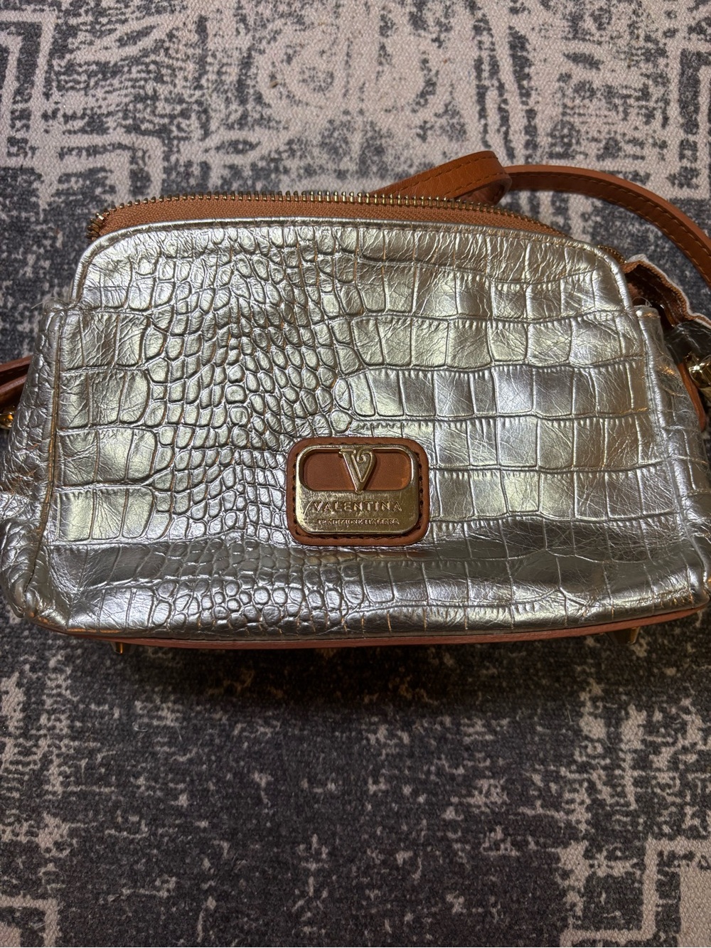 Valentina Metallic Silver Croc-Embossed Crossbody with Brown Trim